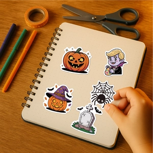 Close-up of Halloween stickers on a notebook with stationery for party decoration