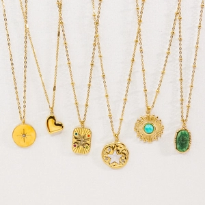 Collier Pendentif Vintage en Acier Inoxydable pour Femme Plaqué Or Zirconia Pierre Naturelle Coquillage Coeur Étoile Bijoux Luxe
