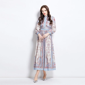 Baroque print long dress with mandarin collar and belt in sky blue and white