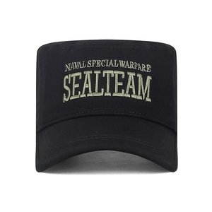 Black cotton flat top military cap with SEAL TEAM embroidery and adjustable strap
