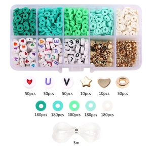 Kit de cuentas de arcilla con letras, cuentas de metal y cordón elástico para bisutería