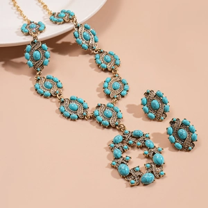 Vintage gold geometric necklace and earrings set with turquoise resin and crystals
