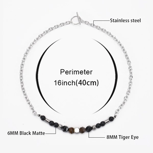 Tiger eye and matte black stone beaded necklace with stainless steel toggle clasp