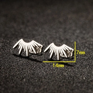 Silver stainless steel fan-shaped stud earrings in a radial minimalist punk style