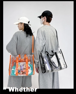 Detail view of large transparent PVC tote bags with black and orange leather trims