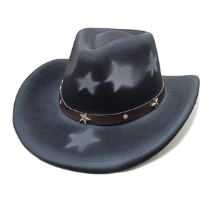 Detailed view of charcoal felt cowboy hat with white star print and studded leather band