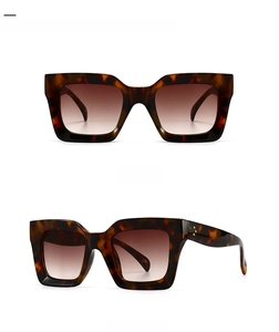 Detail of leopard print square sunglasses with triple metal rivets and gradient lenses
