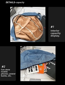 Detail of spacious interior compartment and zipper pocket in washed denim messenger bag