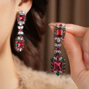 Vintage style square zircon drop earrings with red crystal and green rhinestone details
