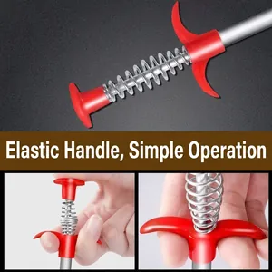 Flexible drain clog remover tool with red spring-loaded handle and metal gripper claw