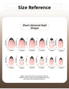 Tableau des tailles pour faux ongles amande courts avec 12 mesures précises en mm