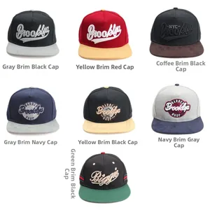 Présentation de casquettes snapback colorées avec broderie Brooklyn et NYC