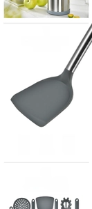 Detail of grey heat-resistant silicone spatula with stainless steel handle, 12-piece set