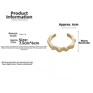 Detailed specs of gold irregular wavy acrylic cuff bracelet weighing 14g and size 7.5x6cm