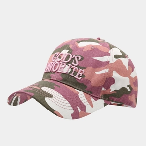 Detailed view of the 3D 'GOD'S FAVORITE' pink embroidery on camouflage baseball cap