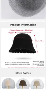 Detail view of wool blend bucket hat with precise dimensions and various color options