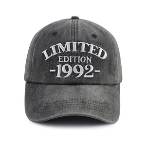 Detailed embroidery of Limited Edition 1992 text on a charcoal washed cotton cap