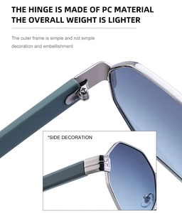 Detail of square sunglasses featuring a durable PC hinge and stylish gray-green temples