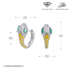 Detailed view of yellow enamel snake hoop earrings in 925 sterling silver with zircon