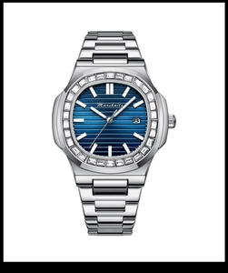 Detail of silver watch with blue textured dial and rectangle diamond-set bezel