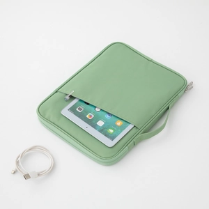 Light green waterproof nylon iPad sleeve with handle and front pocket for business travel