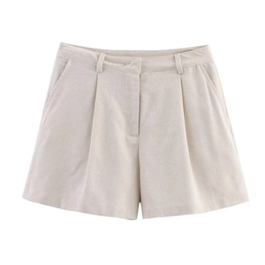 Women high waisted beige wide leg linen shorts with front pleats and pockets