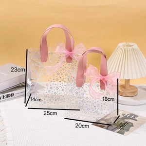 Transparent daisy PVC gift bag with pink handles and bow in large and small sizes