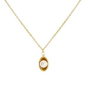 18k gold plated stainless steel necklace with elegant white pearl pendant on white background