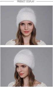 Detailed view of women's white angora knit beanie showing fluffy texture and ribbed design