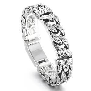 Vintage 316L Stainless Steel Men Chain Bracelet Buddhist Mantra Engraved Retro Silver Color Punk Religious Style