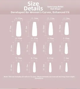 Size chart showing 12 dimensions for extra-long French ballerina press-on nails