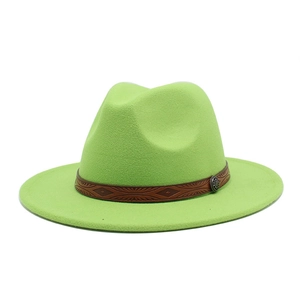 Detail of neon green wool fedora hat featuring a brown embossed band and metal buckle