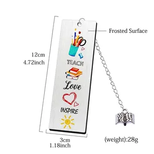 Polished stainless steel bookmark with Teach Love Inspire text and book pendant charm
