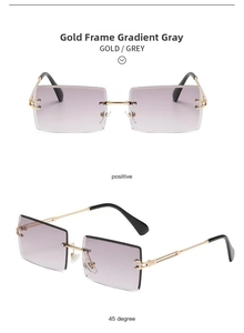 Detail of rimless rectangle sunglasses with gold temples and grey gradient lenses