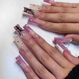 Purple Glitter French Tip Press On Nails With Butterfly Patterns Rhinestone Decorations Long Coffin False Nails For Women JP2344
