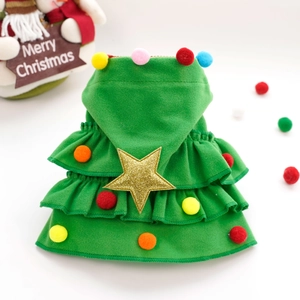 Christmas tree pet costume with green tiers, colorful pom-poms and a golden star