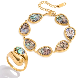 18K gold plated stainless steel jewelry set with iridescent abalone shell inlay