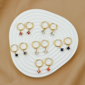 Elegant gold titanium steel hoop earrings featuring colorful square zircon stone charms