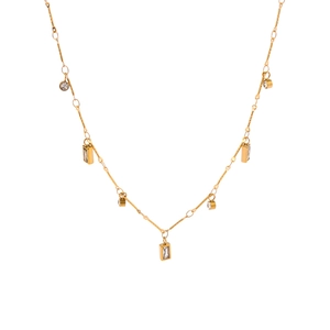 Golden titanium steel necklace with rectangular and round clear zircon pendants on white background