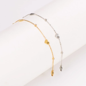 Fashionable stainless steel heart anklets with crystal charms in gold and silver finish