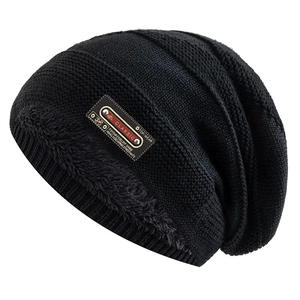 Classic black knitted beanie for men with warm fleece lining and leather patch