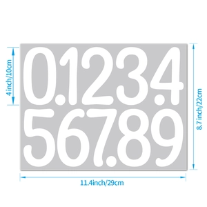 Detail showing 4-inch white vinyl numbers 0-9 with precise height measurements in cm and inches