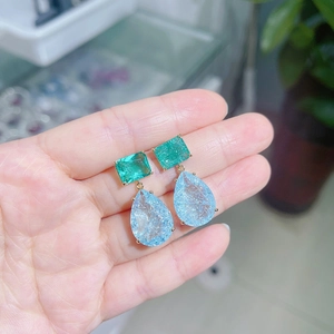S925 silver earrings with green square and light blue teardrop cracked gemstones