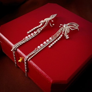 Detail of silver butterfly tassel ear clip with zircon stones and pearls on jewelry box