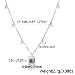 Detail view of S925 silver necklace with emerald cut zircon pendant and dimensions