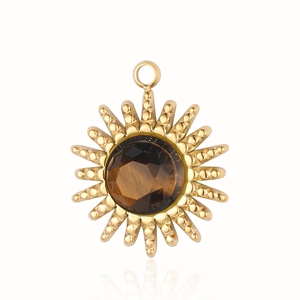 Macro shot of gold sunburst pendant featuring a round brown tiger eye natural stone