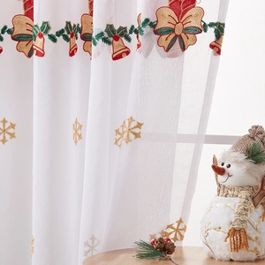 White Christmas window curtain with red bow and gold bell embroidery on translucent fabric