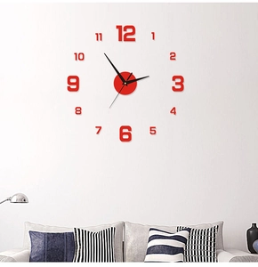 Minimalist red DIY acrylic wall clock showing numbers and black hands above a grey sofa