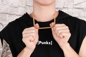 Men's gold square box chain necklace displayed on model for stylish hip-hop look