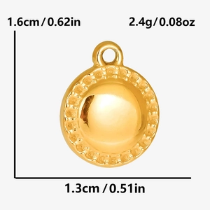 Detailed view of 18K gold plated round pendant with scalloped edges and dimensions